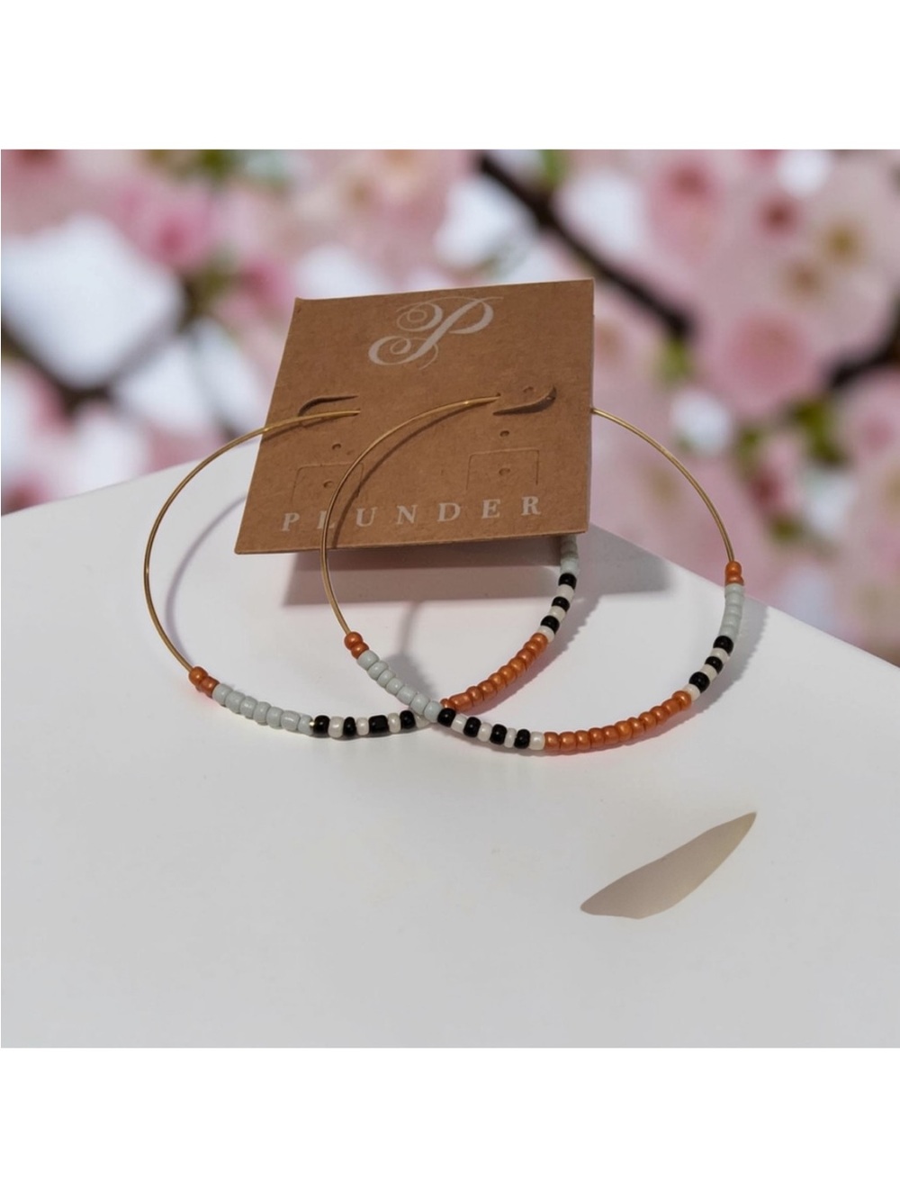 Plunder Gold Hoop Earrings with Orange, White & Black Beads